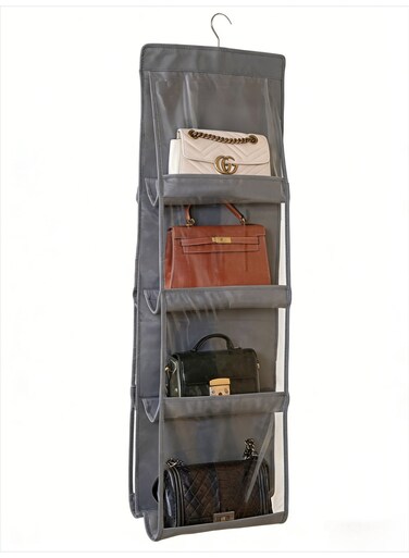 Hanging storage bags, folding wardrobe organizers with metal hooks, and hanging storage cabinets with transparent windows for easy access to bags.