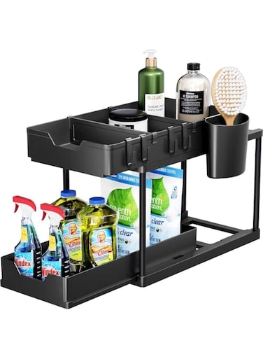 JANNAH 1Pc Pull Out Under Sink Cabinet Organizer 2 Tier Under-Sink Organizers with Sliding Drawer 5 Hooks And 2 Utensil Holderfor Home &amp; Kitchen(Black)