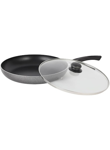 Royalford Aluminum Fry Pan- RF11977 With Tempered Glass Lid, Strong Body Non-Stick Coating And Bakelite Handle Grey 26 CM RF11977