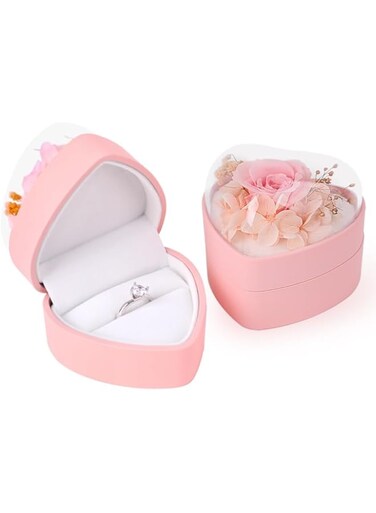 SANZEZ COOLive Heart Shape Ring Box Preserved Flower Rose Ring Case Velvet Jewelry Box Gift Box for Valentine's Day Mother's Day Wedding Anniversary Birthday (Pink)