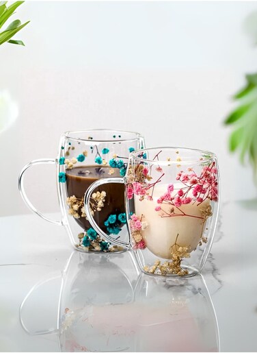 Set of 2 -350 ML Borosilicate Double Wall Flower Coffee Cup, Pink and Blue
