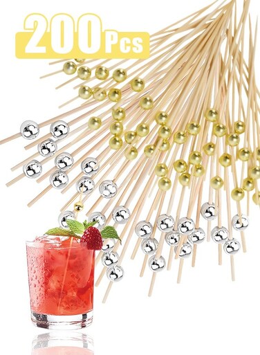 Pcs Cocktail Picks Count Sticks Wooden Toothpicks, Party Supplies Gold Pearl and Silver Pearl