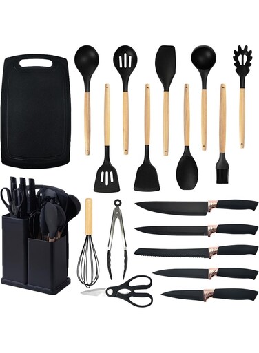 All In One 19Pcs Kitchen Utensil Set With Silicone Heads, Natural Wooden Handles, Heat Resistant Cooking Tools, Knife Set, Storage Holder, Non Stick Safe Accessories for Everyday Food Preparation