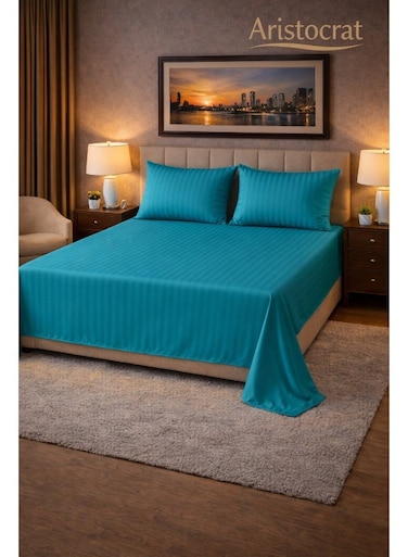 3&acirc;&euro;&lsquo;Piece Striped Microfiber Flat Bed Sheet Set Super King 240x260cm &acirc;&euro;&ldquo; Soft Breathable Flat Sheet with 2 Pillowcases 50x70cm, Teal Microfiber Teal 240x260cm