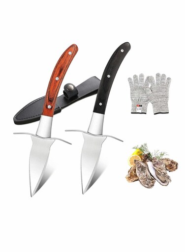 Oyster Knife Shucker Set, Gloves Cut Resistant Level 5 Protection Seafood Opener Kit Tools, 3.5&acirc;&euro;&trade;&acirc;&euro;&trade; Stainless steel Oyster Knife, Thoughtful Gift for Seafood Lovers, for Home Restaurant (2knifes+1Glove)