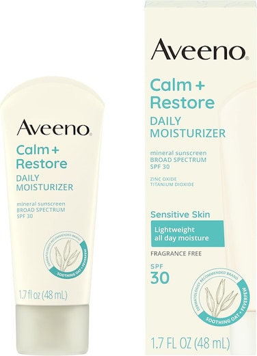 افينو كريم مرطب يومي من كالم اند ريستور مع عامل حماية من الشمس بدرجة 30 واسع الطيف، خفيف الوزن طوال اليوم + حماية من اشعة الشمس فوق البنفسجية فئة A وB للبشرة الحساسة، خال من العطور، 1.7 اونصة سائلة