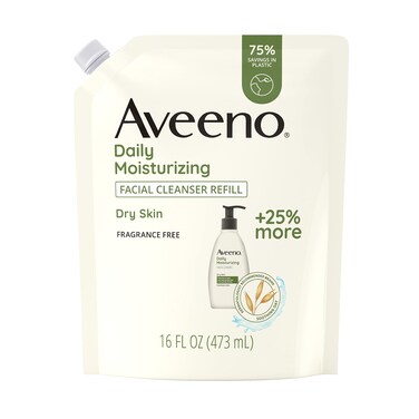 Aveeno Daily Moisturizing Facial Cleanser with Soothing Non-GMO Oat, Leaves Skin Feeling Hydrated, Soft &amp; Supple, Paraben-, Sulfate-, Fragrance-, Dye- &amp; Soap-Free, Refill Pouch, 16 fl. oz