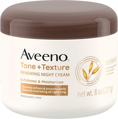 Aveeno Tone + Texture Renewing Night Cream with Prebiotic Oat, Gentle Cream Exfoliates &amp; Moisturizes Sensitive Skin, Instantly Softens &amp; Smooths &amp; Intensely Nourishes, Fragrance-FreeFree, 8 oz.