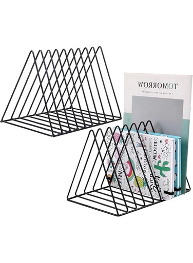MostNow 2 Pcs Triangle File Folder Racks and Magazine Holder,Letters Storage,9 Lattice Metal Newspaper Holder Magazine File Storage for Office Home Decoration (Black)