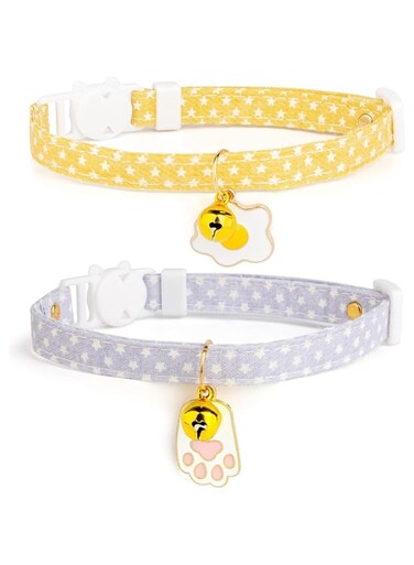 Xsping Breakaway Cat Collars with Bell, 2 PCS Adjustable Kitty Collar, Cotton Breakaway Cat Collars with Cat Paw Pendant, Safety Buckle Design, Cute Kitten Collar Suitable for Girl and Boy Cats