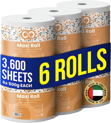 Maxi Roll &ndash; Pack of 6 Rolls, 3600 sheets, 500g x 2 Ply Highly Absorbent Multi Purpose Kitchen Tissue Paper Towel for all Surfaces