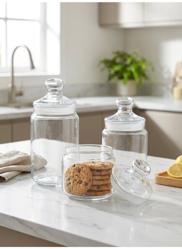 3 Piece Glass Food Jar Set (0.5 L +0.75 L + 1 L), made of Annealed high Quality Glass, Food grade, BPA Free