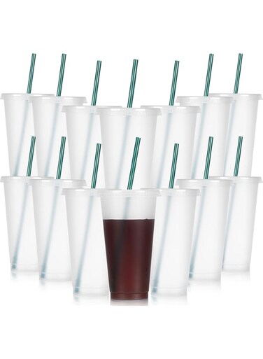 Bokon Tumbler with Straw and Lid Bulk 24 oz Reusable Plastic Cups with Lids and Straws Water Bottle Travel Mug Cup Tumblers Bulk for Cold Hot Drinks Parties Birthdays Adults (Clear,15 Sets)