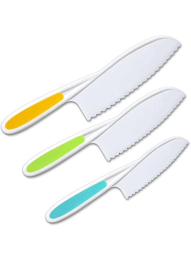 KASTWAVE 3 Piece Set Of Children&rsquo;S Cooking Tools-Firm Grip, Jagged Edges And Safety-Colored Nylon Children&rsquo;S Cooking Can Cut Fruits, Salads, Cakes, Lettuce (Multi-Color)