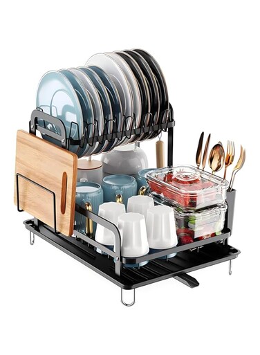 AM ANNA Dish Drying Rack,2-Tier Dish Rack with Drainboard,Detachable Large Capacity Dish Drainer Organizer,Dish Drainer with Glass &amp; Utensil Holder For Kitchen Counter