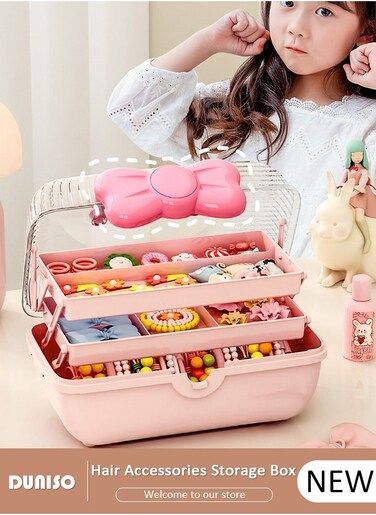 Hair Accessories Storage Box with Lid, Lockable Three-layer Folding Cosmetics Jewelry Storage Box with Expandable Tray and Handle, Portable Headbands Holder Case Craft Organizer for Girls