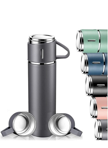 500ml Stainless Steel Vacuum Thermos Flask with Silicone Handle Insulated Water Bottle with 2 Stainless Steel Cups Set for Hot &amp; Cold Outdoor Travel   Gift Box (2 PACK, GREY) &acirc;&euro;&ldquo; Ideal for Travel, Camping, Hiking, and Outdoor Adventures