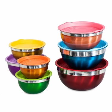 7 Piece Stainless Steel Mixing Bowl Set with Airtight Lids for Kitchen Storage &amp; Serving