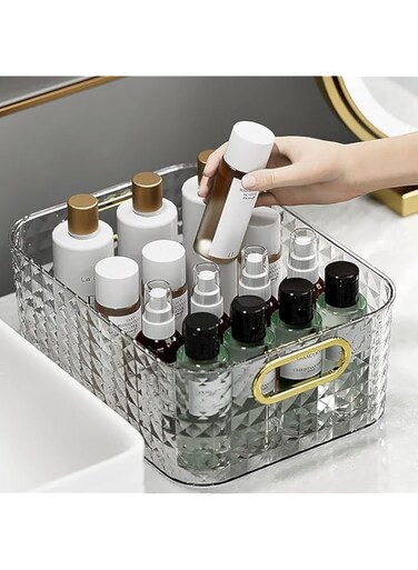 VIKITIM Poatable Storage Box with Handle Thickened Cosmetics Jewelry Storage Basket Bathroom Kitchen Desktop Organizer (Transparent)