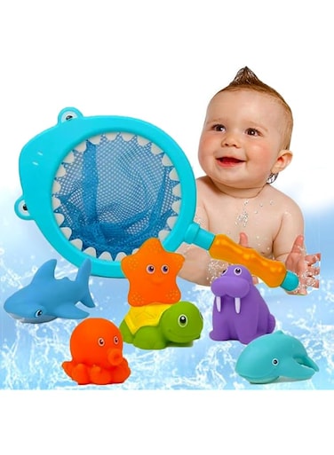 AMERTEER 7Pcs Baby Bath Toys, Scoop Net Fish Pool Toys With Spray, Sounds, Color Changing Toddler Bathtub Toys, Baby Sea Life Toys, Baby Bath Time Sensory Development, Soft Baby Pool Accessories