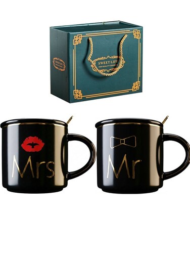 Mr and Mrs Coffee Mug, Ceramic Marble Coffee/Tea Cupp with lid, Spoon set, Personalized Gift Set for Couple, Parents, Wedding Gift, Engagement Wedding Bridal Shower Bride and Groom to Be Newlyweds Anniversary (14oz) (Black/Black) Mr and Mrs Couples Coffee Mugs Cups Gifts Set for Engagement Wedding Bridal Shower Bride and Groom to Be Newlyweds Anniversary - Ceramic Marble