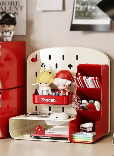 CHIC Desktop Storage Box,Multifunction Miscellaneous Sorting Rack,Perforated Board ,Drawer Style,Pegboard Pen Holder Acrylic Desk Stationery Sundries Organizer(TC-1001-red)
