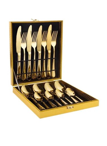 Pow 16-Piece Gold Plated Stainless Steel Flatware Cutlery Set Utensils For Kitchen