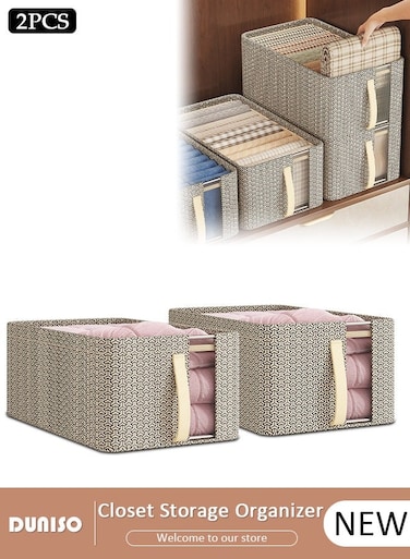 2 PCS Wardrobe Clothes Organizer, Foldable Drawer Closet Organizers with Mesh Window and Handle, Washable Closet Storage Basket Bins, Stackable Closet Storage Organizer, Fabric Storage Boxes for Clothing, Jeans, Bras, Leggings, Sweaters