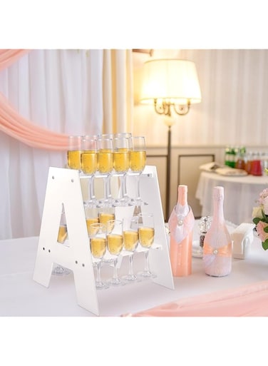 Yoande 2 Tier Acrylic Champagne Holder Modern Champagne Flute Glass Holder Stand Champagne Drink Tower Shelf Tabletop Wine Glass Stemware Hanging Display Rack Standing (White,16 Slots)