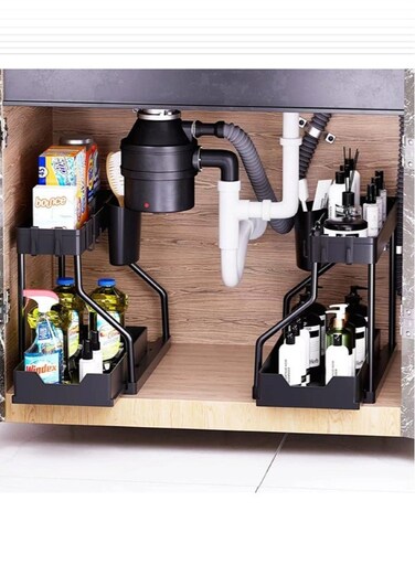 2-Piece 2 Tier Under Sink Metal Storage Rack Cabinet Basket Organizer Black 39.5x34.5x22 cm