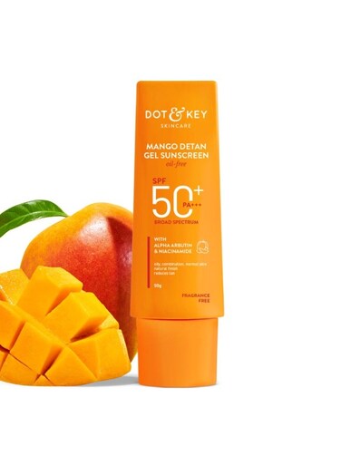 Dot &amp; Key Mango Detan Gel Sunscreen SPF 50+ PA+++ 50g In-Vivo Tested   Oil-Free, With Alpha-Arbutin &amp; Niacinamide   Controls Tanning, Brightens Skin, Ultra-light   Fades Dark Spots, Evens Tone, Water Resistant   All Skin Types   50g