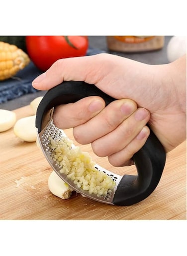 REKO Garlic Press Stainless Steel Crusher and Rocker Plastic Portable Ginger Mincer Squeezer Chopper with Handle Manual Garlic Presser Curved Grinding Slicer Cooking Gadgets Tool for Kitchen (1)