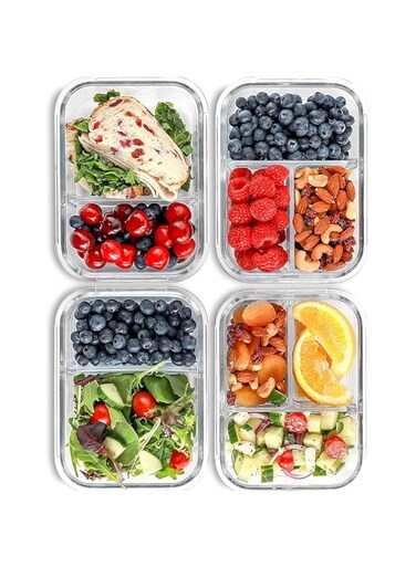 Fit Strong &amp; Healthy Glass Meal Prep Containers 2 and 3 Compartments (4 Pack, 35 oz/1050ml) - Glass Food Storage Containers with Lids, Glass Bento Box,Portion Control, Airtight,Oven Safe,Built in Vent