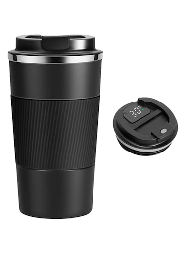 CASA DYNAMICS Smart Stainless Steel 510ml Coffee Cup with LED Temperature Display-BPA Free-Vacuum Insulated Thermal Coffee Tumbler Best For Hot &amp; Cold Drinks-Maintains Drink Hot/Cold For Hours (Black)
