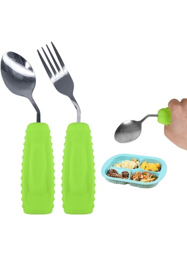 Adaptive Utensils Easy to Hold for Independent Eating, Weighted Utensils for Hand Tremors (right hand, fork+spoon, green)