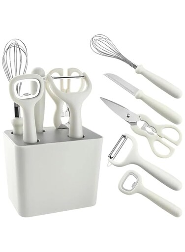 Kitchen Gadgets Set,Kitchen Scissors, Kitchen Utensils Set with Holder, Paring Knife, Whisk, Bottle Opener, Peeler- Home Kitchen Gadgets (White 6 Pieces set)