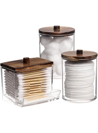 Tazweeq 3Pcs Transparent Cotton Swab Organizer, Cotton Swab Storage Case, Cosmetic Cotton Storage Case, Apothecary Jar Organizer, Multi-scenario Application
