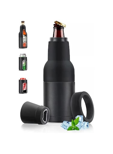 3 in 1 Can Cooler, Beer Bottle Insulator, Beer Bottle and Can Cooler with Beer Opener, 12 oz, Slim Can Beer Bottle Insulators Holder, Vacuum Insulated Double Walled Stainless Steel (Matte Black)