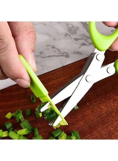 Herbal Scissors Stainless Steel 5 Blade Kitchen Scissors Mince Fresh Herbs &amp; Leafy Greens Kitchen Gadgets Herb Cutter whit Cleaning Comb (Green)