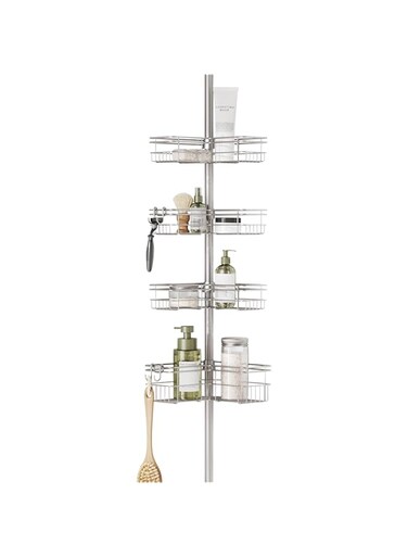 Zenna Home Tension Pole Shower Caddy, 4 L-Shaped Basket Shelves, Adjustable, 60 to 97 Inch, Satin Nickel