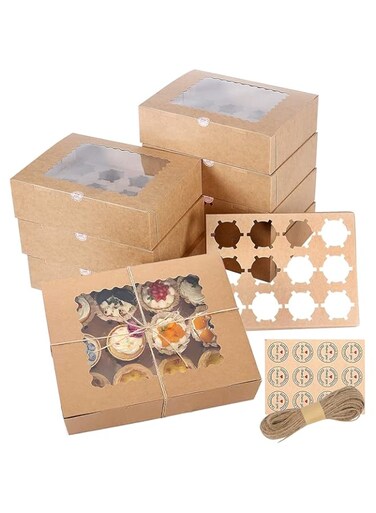 Uualiyye 12 Pack Kraft Cupcake Boxes Containers with Clear Display Window, Brown Cake Trays Holder for Cookies, Muffins Pastries, Holding 12 Standard Cupcakes Large Treat Dessert Boxes