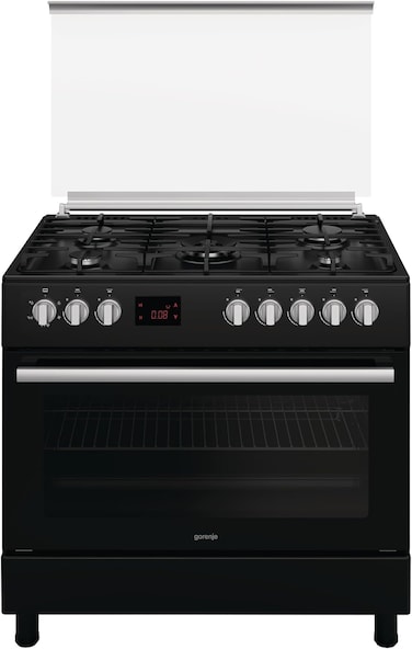 Gorenje 90cm Freestanding Gas Cooker, 105 Litres Multifunction Oven with Fan, Cast Iron Pan Support, One Hand Ignition, Catalytic Self Cleaning oven sides, Matt Black, GGI9C20B, 1 Year Warranty