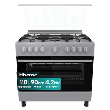 Hisense Freestanding 90*60cm, 5 Sabaf burners  Gas Cooker With Dual Turbo Fan, 110 Liters Multifunction Oven, Cast Iron Pan Support, One Hand Ignition, Stainless Steel, HG19B22S , 1 Year Warranty , Made in Turkey