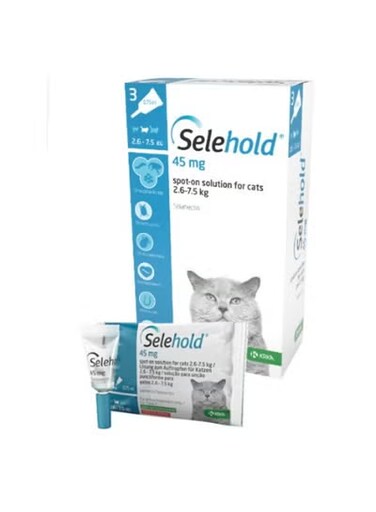 KRKA Selehold نقط موضعية لحماية القطط من البراغيث والطفيليات، 45 ملجم، 3 ماصات، للقطط 2.6‑7.5 كجم من ڤارماسي