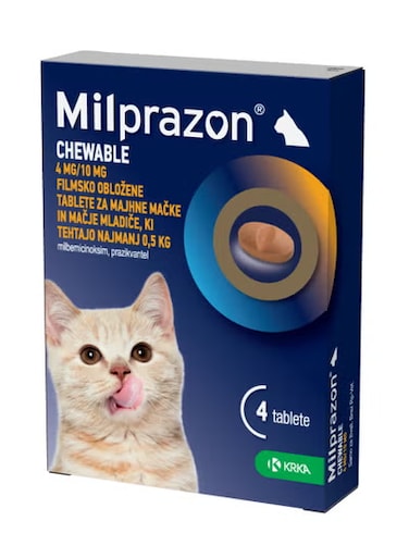أقراص ميلبرازون من KRKA، أقراص قابلة للمضغ للتخلص من الديدان، حماية فموية سهلة للقطط الصغيرة والقطط الرضيعة، شريط (4 أقراص 4 ملغ/10 ملغ) من ڤارماسي