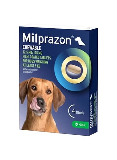 أقراص ميلبرازون من KRKA، أقراص قابلة للمضغ مضادة للطفيليات واسعة الطيف بنكهة الكبد للكلاب، شريط (4 أقراص 12.5 ملغ / 125 ملغ) من ڤارماسي