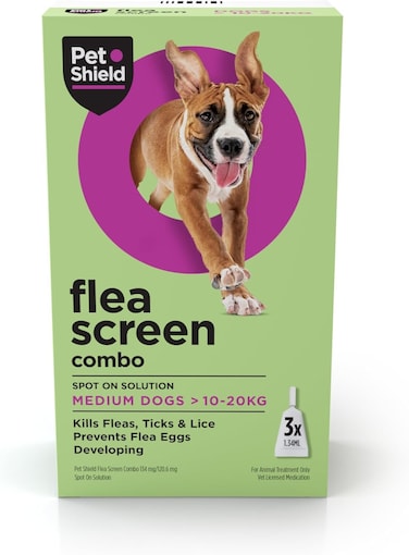 مجموعة فلي سكرين للكلاب متوسطة الحجم، 3 قطارات - علاج موضعي للبراغيث للكلاب متوسطة الحجم (وزن الجسم من 10 إلى 20 كجم) - يقضي على البراغيث وبيضها والقراد - يوفر حماية تصل إلى 8 أسابيع