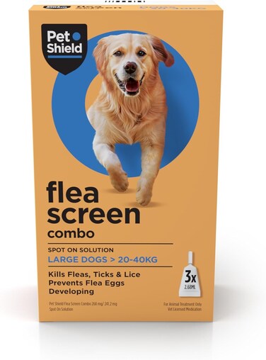 مجموعة فلي سكرين للكلاب الكبيرة، 3 قطارات - علاج موضعي للبراغيث للكلاب الكبيرة (بوزن 20-40 كجم) - يقضي بفعالية على البراغيث وبيضها والقراد - يوفر حماية تصل إلى 8 أسابيع