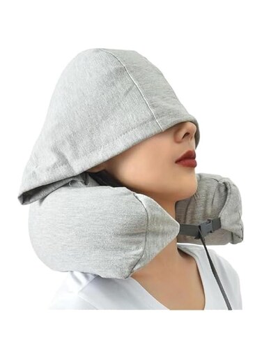 Travel Neck Pillow with Hood - Adult Travel Must Haves Airplane Hoodie Pillow, Premium Quality Memory Foam, Fit for Office, Car Ride, Sleeping (Grey)