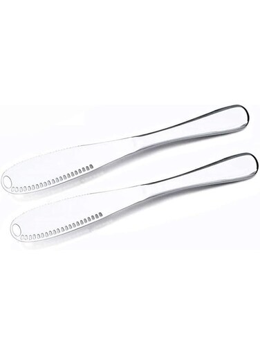 Starthi 3 in 1 Butter Knife, Multi-function Stainless Steel Butter Curler &amp; Spreader with Serrated Edge, Shredding Slots for Cutting Vegetables Fruit Cheese, 2 pack silver